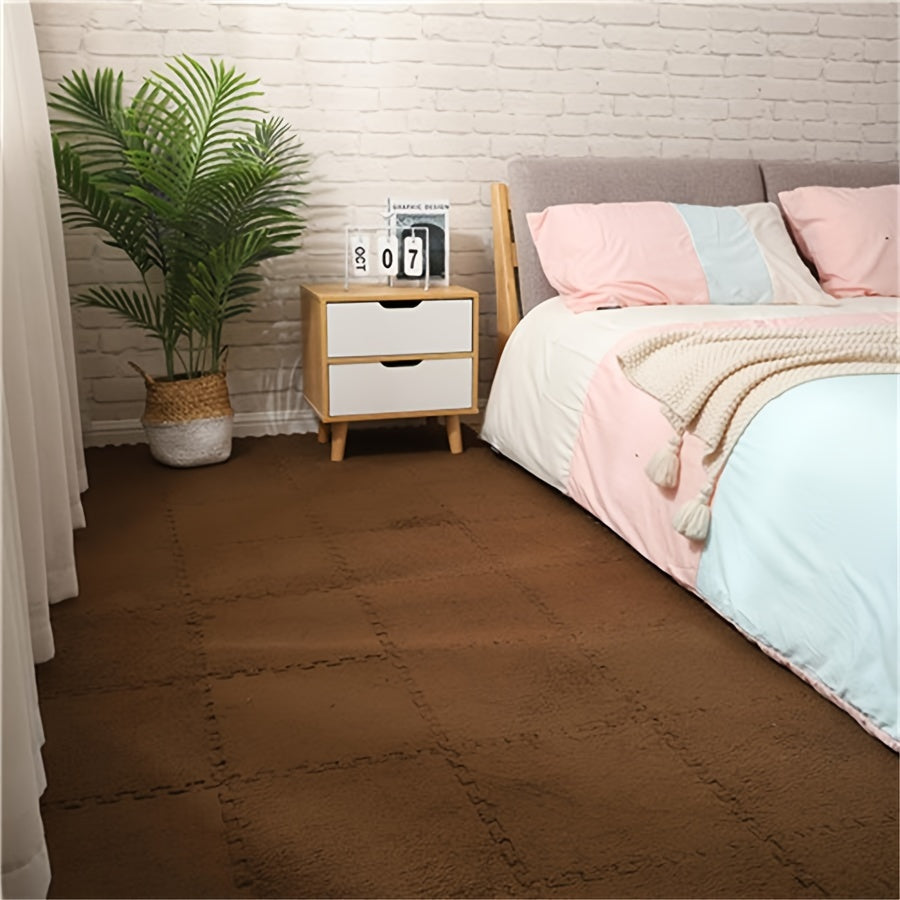 20 thick EVA foam floor mats measuring 29.97x29.97 cm each. Soft, washable, and anti-slip. Ideal for bedroom and living room comfort with a textured surface. Polyester mat for safe flooring