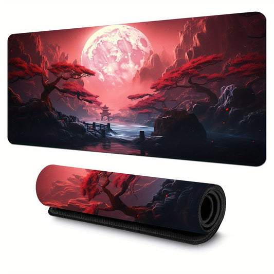 Large gaming mouse pad with red landscape design, non-slip rubber base, stitched edges, suitable for offices, schools, and home use. Ideal for desktop or laptop use.