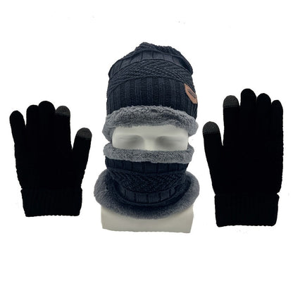 Three-Piece Set of Men's Cozy Knit Hat, Scarf, and Gloves - Featuring Thick Fleece Lining for Warmth. Includes Letter Patch Style Hat, Faux Sheepskin Scarf, and Full Finger Gloves for Winter.