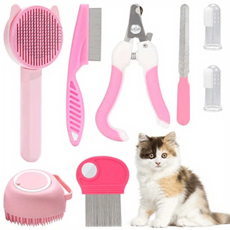 8-piece cat grooming kit with self-cleaning brush, nail clippers, comb, shedding brush, and toothbrush for a clean, healthy, and happy feline friend