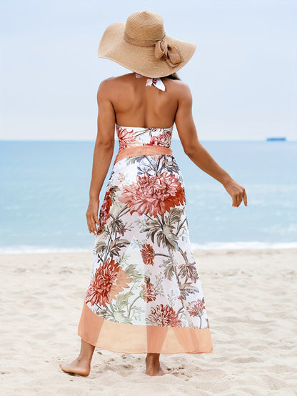 Women's floral print swimsuit set with tummy control one-piece and cover up skirt for holiday.