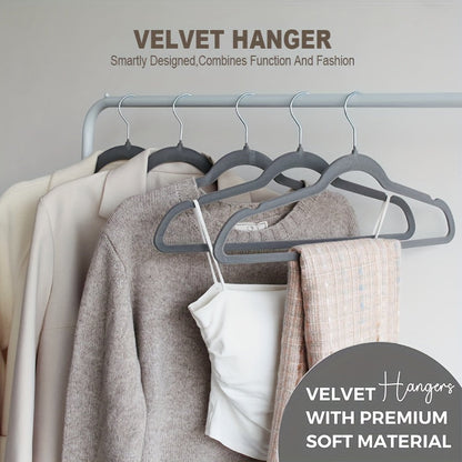 Set of 100 high-quality velvet hangers, measuring 44.96cm each. These non-slip flocked felt hangers are perfect for coats and suits, featuring a 360 degree swivel hook for convenience. Each hanger can hold up to 6.8 KG of weight.