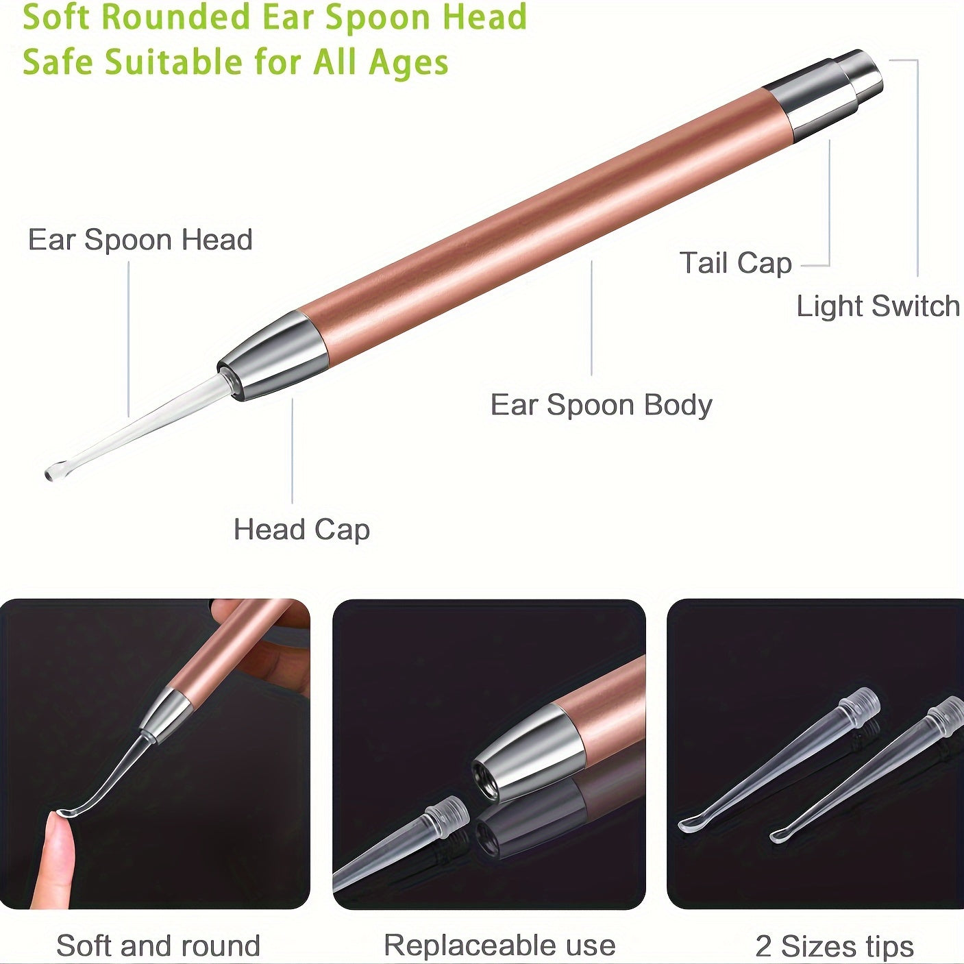 Lighted ear wax removal tool for adults.