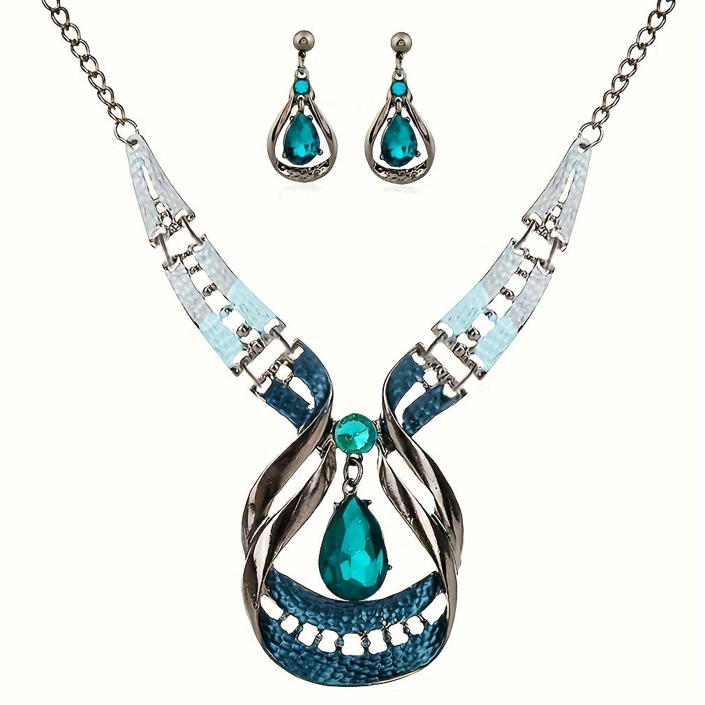 Water Drop Gemstone Jewelry Set with a Boho-Chic Vibe - Includes Stylish Pendant Necklace & Stud Earrings, Ideal for Everyday Wear or as a Thoughtful Gift