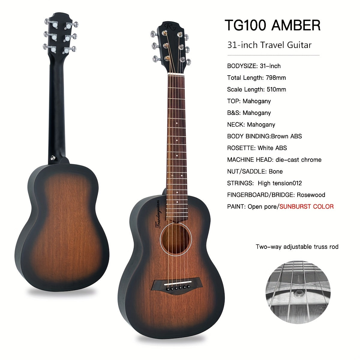 RP TG100AMBER Ultra-Mini Travel Acoustic Guitar with Mahogany Neck/Back/Side, Rosewood Fingerboard, 20 Frets - Ideal for Beginners and Travelers.