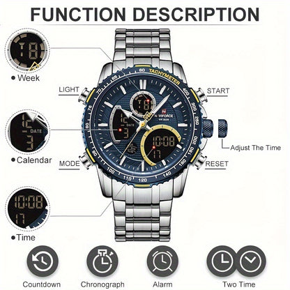 NAVIFORCE Men's Stainless Steel Wristwatch with Night Vision, Multiple Dials, Date Display - Durable and Stylish Timepiece for Outdoor Activities.