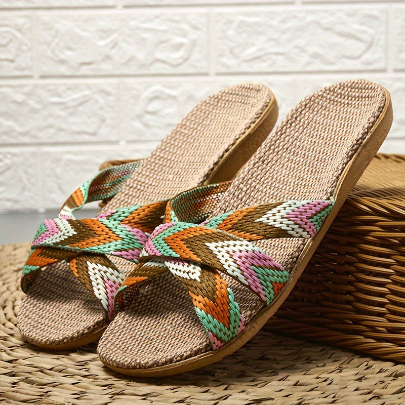 Women's Striped Linen Slippers - Comfortable Summer Fashion with EVA Sole