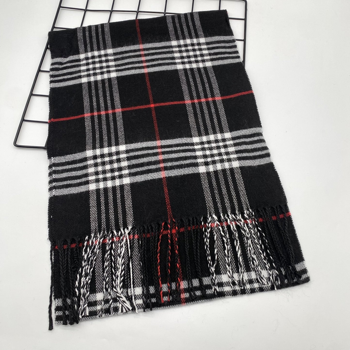 Soft and warm woven polyester men's scarf with classic checkered stripe design and fringe detail - 1 piece of classic style scarf.