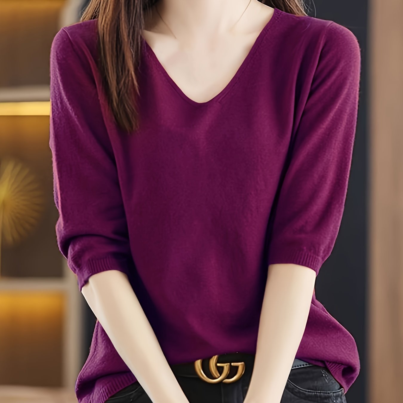 V-neck sweater in solid color, versatile half sleeve knit top for spring/fall, women's clothing.