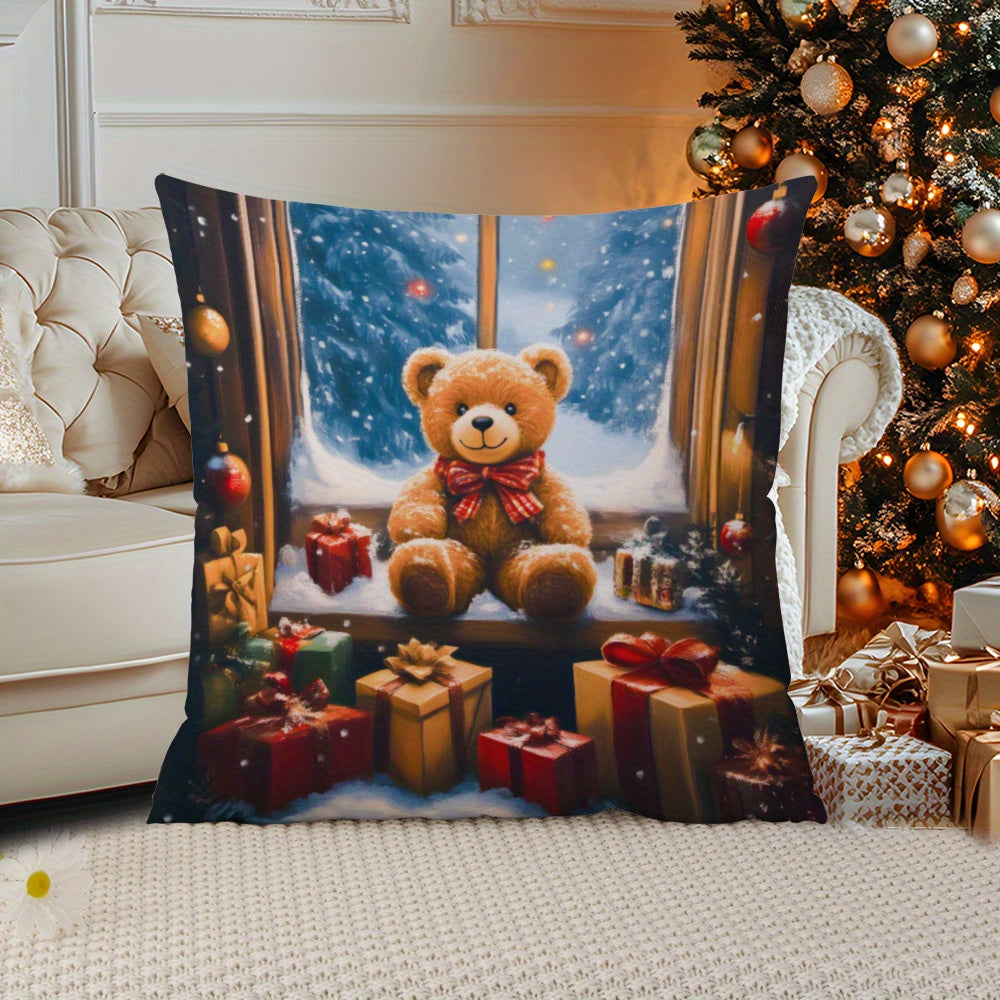 Get in the festive spirit with this Christmas Teddy Bear Pillow Cover. Measuring 45.72x45.72 cm and made from soft knit fabric, this playful cushion case features a mixed color design perfect for adding a touch of contemporary style to your decor. With a