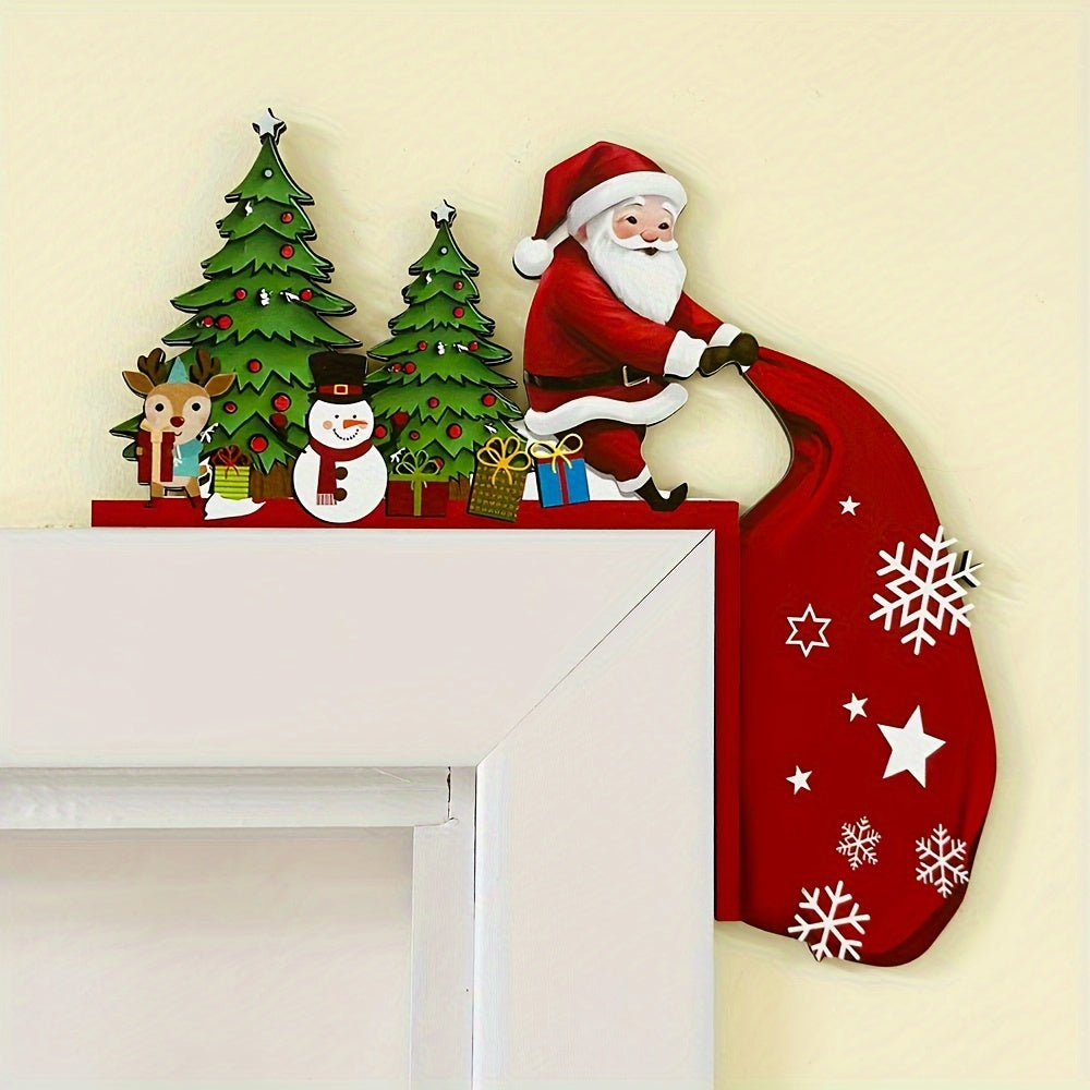 Rustic Christmas door decoration featuring Santa Claus, Snowman, and Reindeer. Perfect for indoor spaces, no electricity required. Great holiday gift idea.