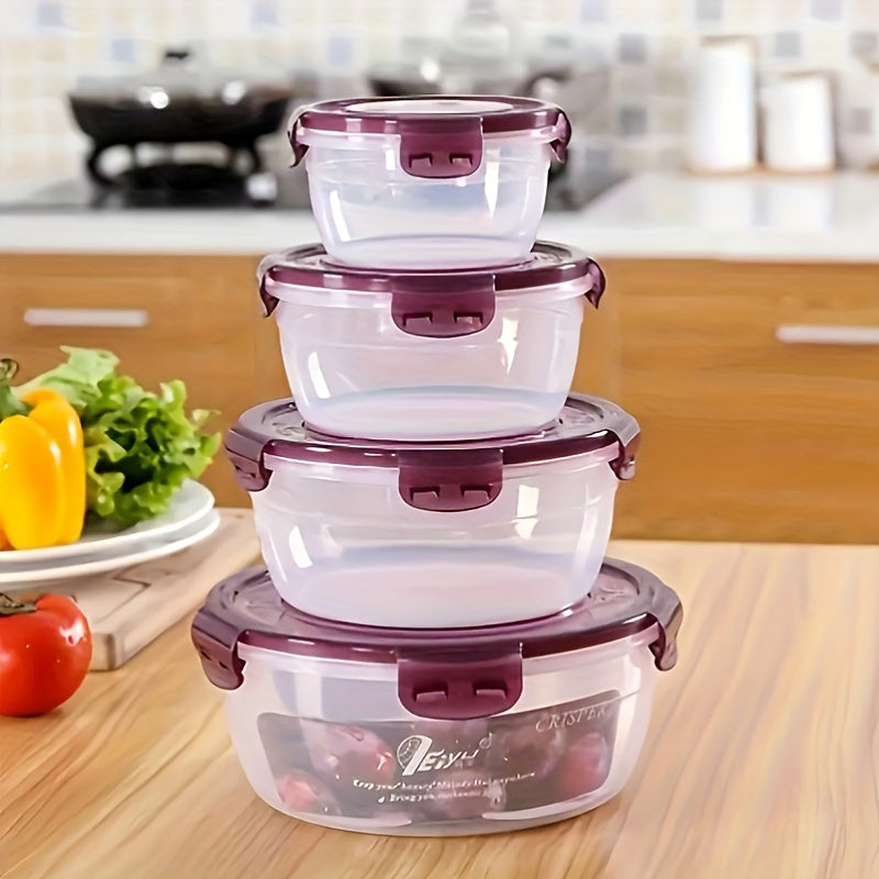 Set of 4 round plastic bowls with lids - microwave & outdoor safe, rust-proof, ideal for camping and refrigerator organization. Bento box design for sealed storage.