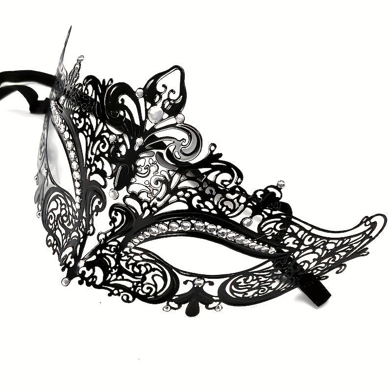 Venetian Party Prom Ball Metal Masquerade Mask adorned with Rhinestones for Women at Halloween Carnival Mardi Gras festivities.