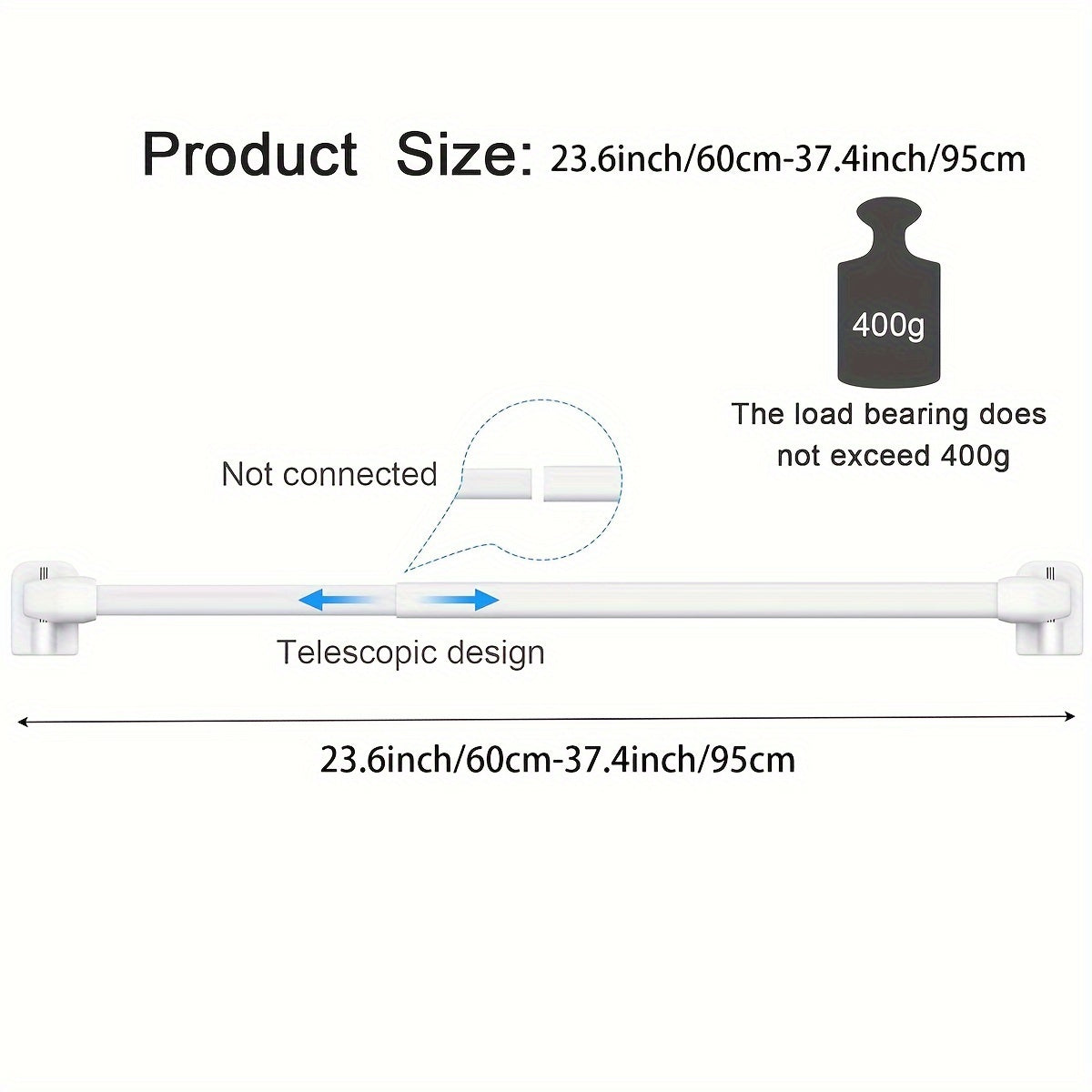 Two small curtain rods with retractable and adjustable features, includes four 7-shaped screws and five adhesive plastic supports.