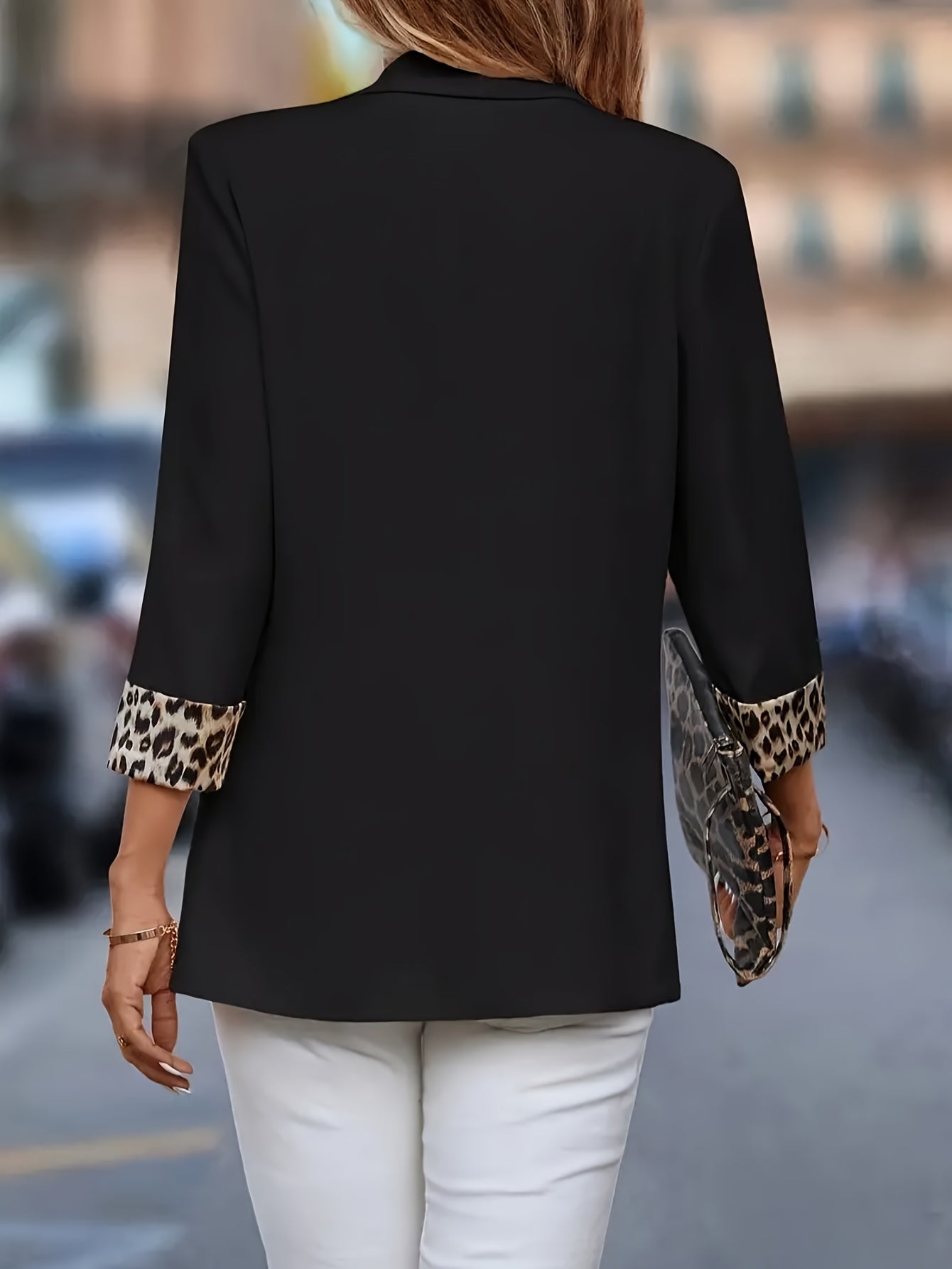 Women's plus size black blazer with leopard print trim - Long sleeve, open front, polyester workwear jacket