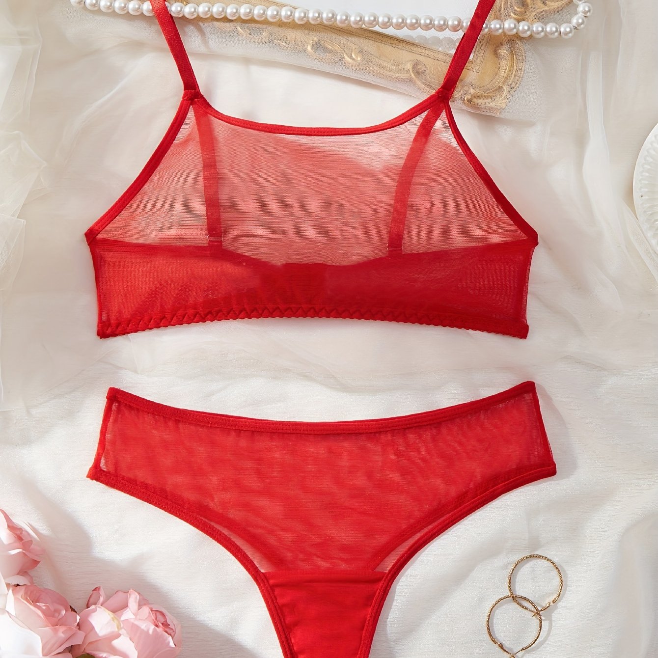 Mesh semi sheer lingerie set includes cami bra, thong, and sexy underwear for women.