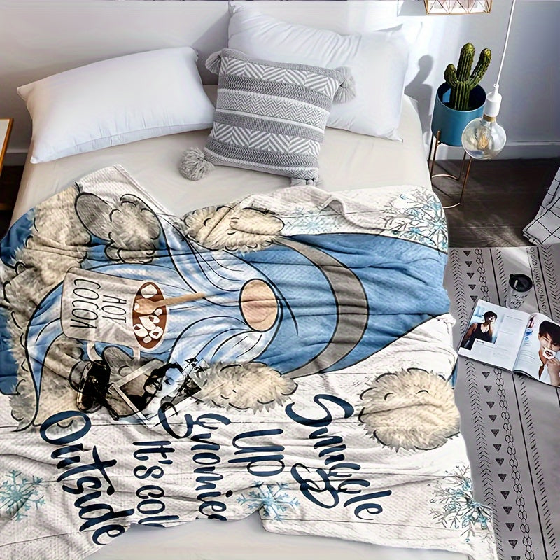 Soft and cozy Rustic Blue Gnome Throw Blanket made of flannel fleece with a fantasy print design. This all-season blanket is machine washable and features a digital print on a polyester cover with a polyester lining. Perfect for home and kitchen decor