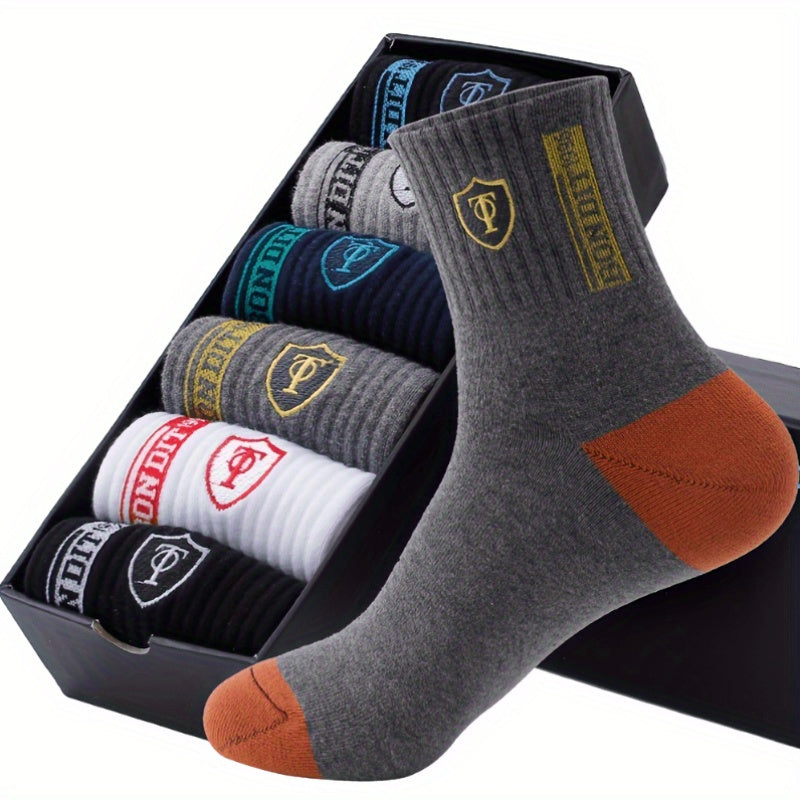 6 pairs of men's cotton sports socks with embroidered sweat-wicking knit fabric. Machine washable. Mixed colors. Unboxed.