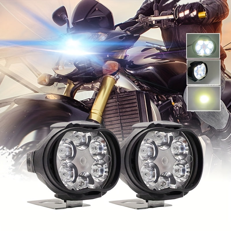 2 motorcycle lights with switch, LED motorbike lamp with 6 LEDs emitting 6500K white light and 1200LM brightness, plus 1 switch.