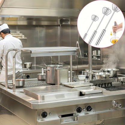 Stainless steel semi-automatic hand whisk for household mixing and baking, suitable for restaurant, food truck, or bakery use.