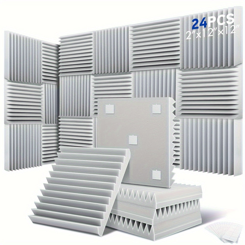 24pcs Acoustic Foam Panels for Studio, Home Theater & Office Decor - 30.48x30.48 cm, Fireproof Sound Absorbing Wedges in Gray/White/Black