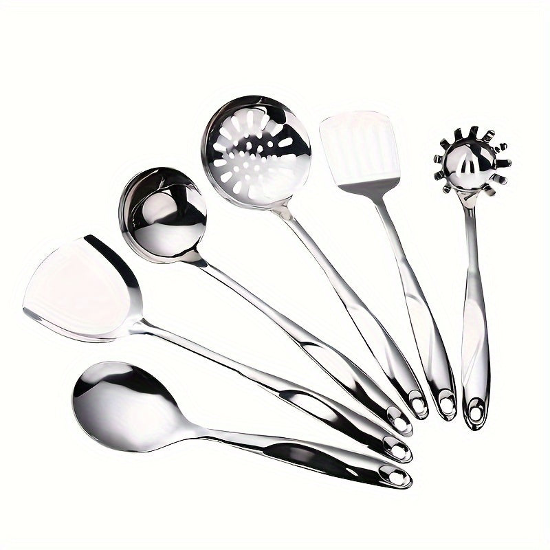 Six-piece set of kitchen utensils made of stainless steel, featuring hollow handles and a mirror finish. These cooking tools are not only durable and elegant but also easy to clean, making them the perfect addition to your kitchen gadgets collection.