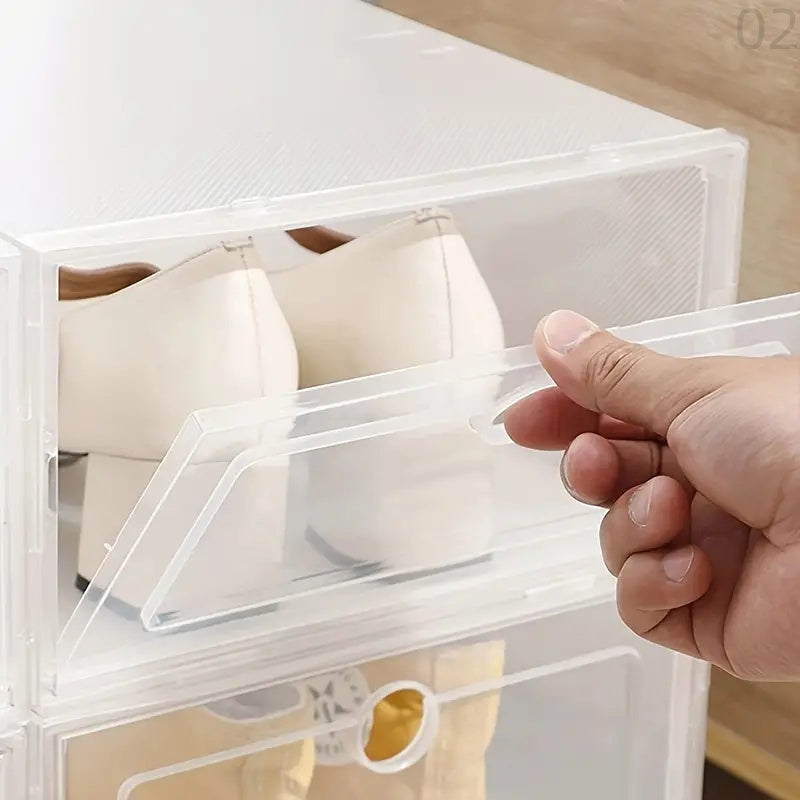 Set of 6 Clear Plastic Shoe Storage Boxes with Modern Style, Portable & Dust-resistant, Simple to Assemble, Ideal for Floor or Wall Display in Closet or Modular System, Organize and Protect Your Shoes