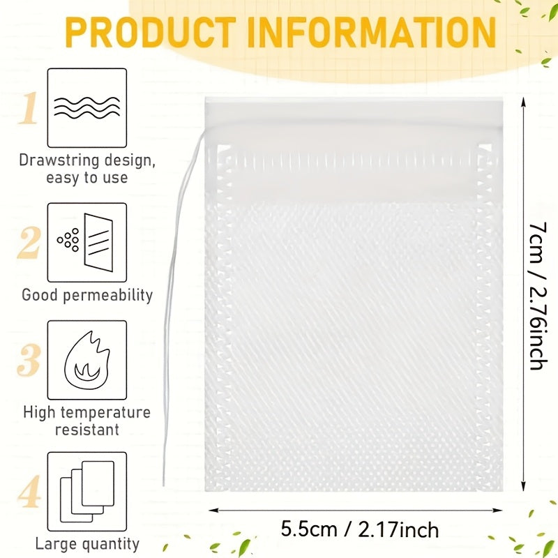 Pack of 100 Premium Disposable Tea Bags - Clear Non-Woven Fabric with Drawstring Closure, Great for Convenient Brewing - Suitable for Home & Business Use, Comes with Extra Scented Tea Leaves