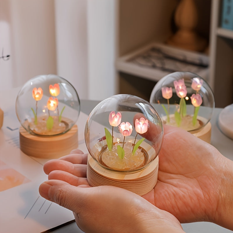 Modern handmade glass tulip night light with switch control. Perfect gift for Mother's Day or birthday. Battery-powered (battery not included).