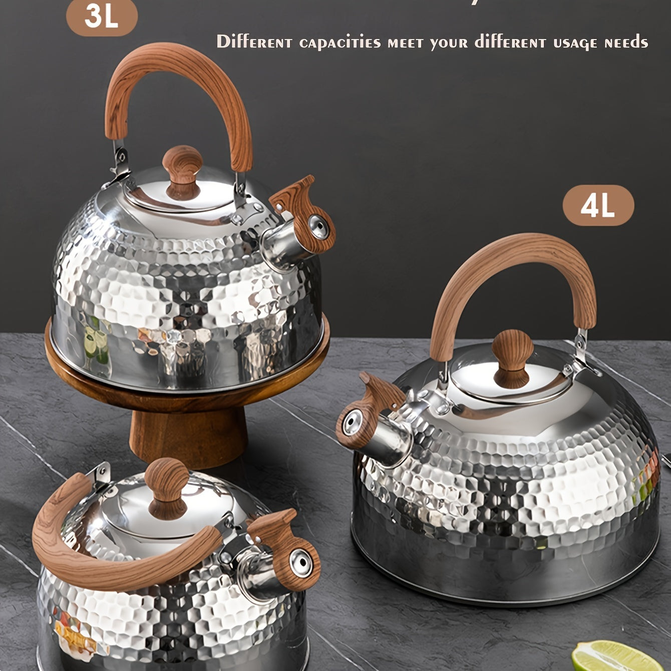 An outdoor-friendly stainless steel kettle with a hammered texture and a whistling spout, ideal for boiling water in the backyard to make tea or coffee.