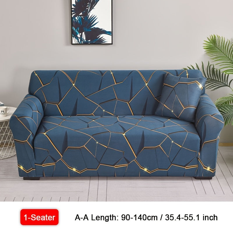 Modern geometric print sofa cover with golden accents, made of anti-dirty spandex blend. Fits 1/2/3/4-seater, L-shaped, and chaise lounges. Machine washable and perfect for living room decor.