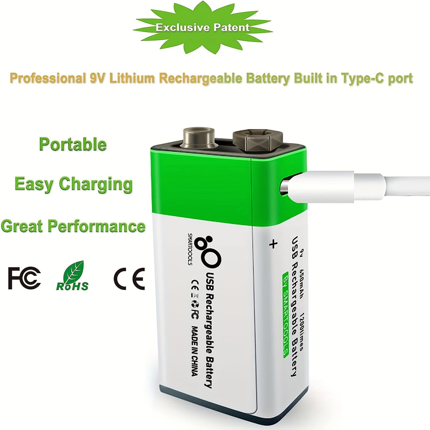 SMARTOOOLS 9V Lithium Polymer Rechargeable Battery, 650mAh High Capacity, Fast Charging 1.5H, 1200 Cycles, USB Rechargeable with Type C Cable