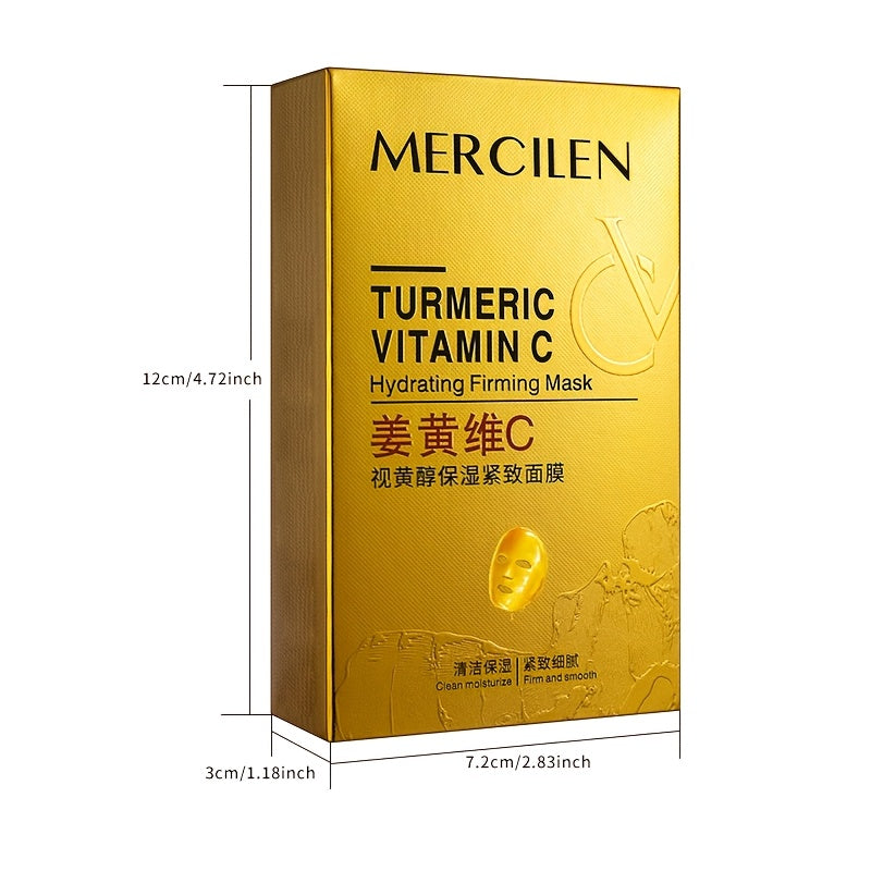 MERCILEN Turmeric Vitamin C mask provides deep cleansing and moisture, suitable for all skin types..GraphicsUnit contains 10 pcs, with ingredients like Retinol, Aloe Vera, and Hyaluronic