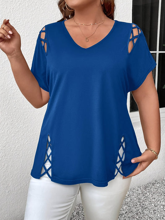 Stylish plus-size women's top with V-neck and crisscross detail, made of medium-stretch fabric, suitable for all seasons.