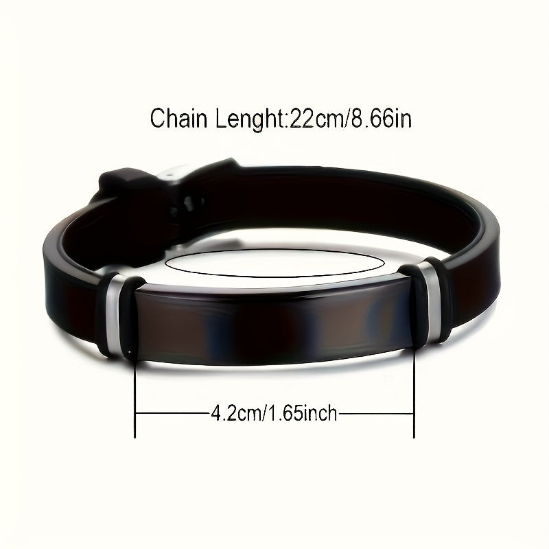 Personalized Men's Silicone Bracelet with Engraved Stainless Steel Tag, Customizable ID Wristband, Adjustable for Everyday Use, August Birthstone Accent, Unplated, Thoughtful Valentine's Day Present