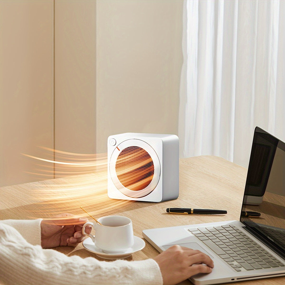 Compact GAIATOP space heater with thermostat, quiet fan, and energy-saving design for indoor use.