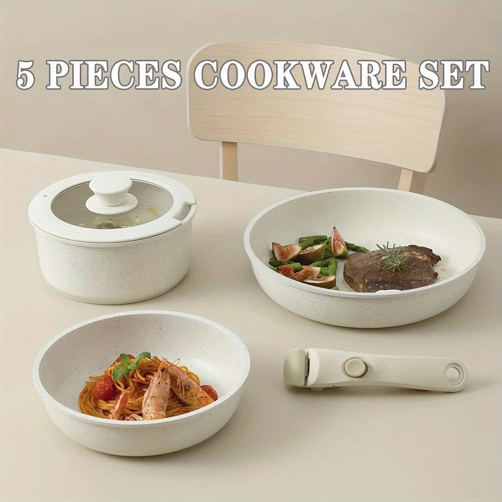 Set of 5 Aluminum Non-Stick Cookware Pieces with Detachable Handle, Free of PFOA, Suitable for Use on All Stovetops.