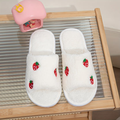 Strawberry embroidered open-toe slippers for women, with cozy comfort, lightweight design, non-slip sole, and machine washable.