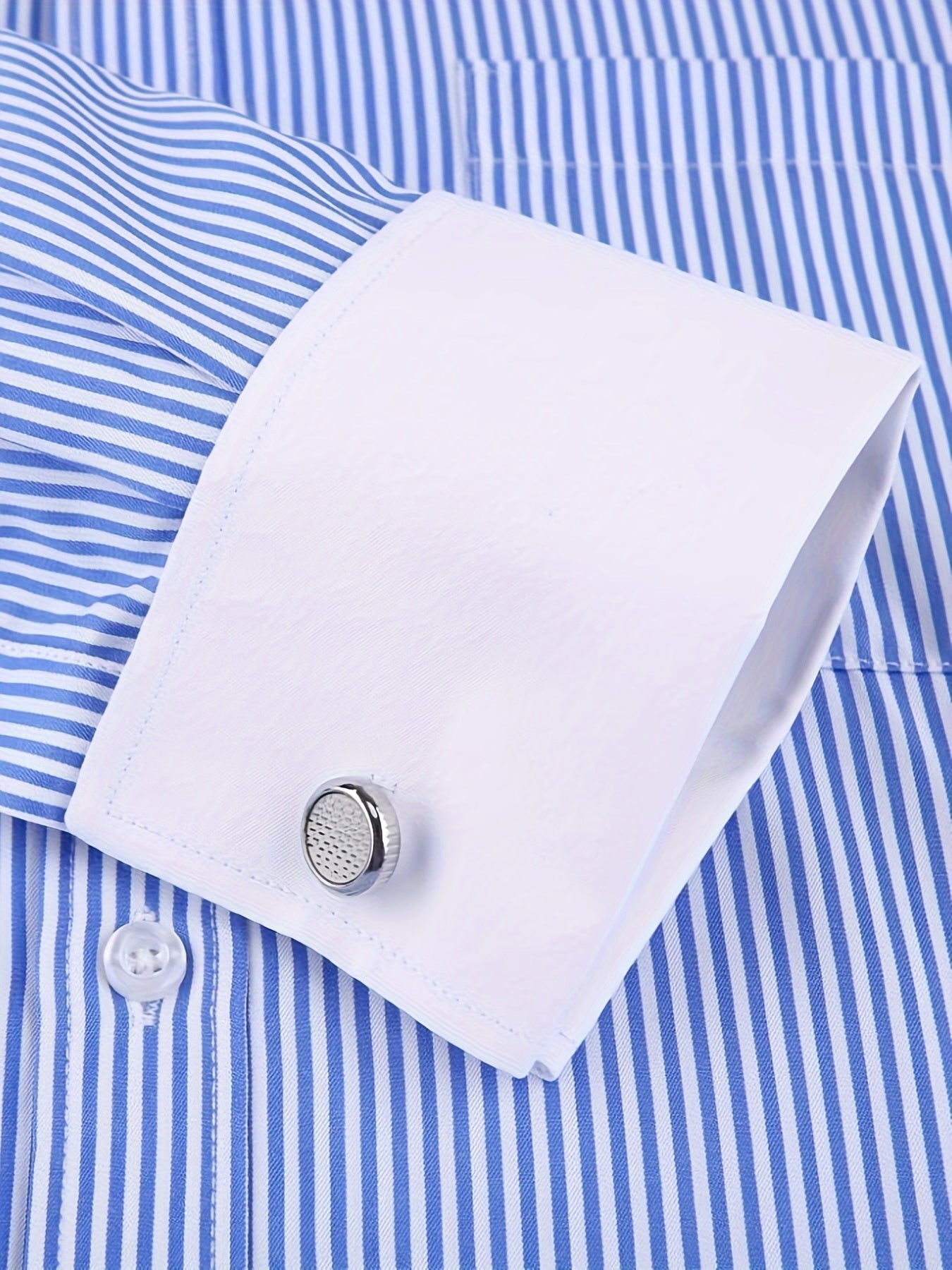 Men's French-style dress shirt with stripes and cufflinks included.