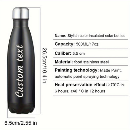 Custom engraved stainless steel water bottle, leak proof, BPA-free, ideal for sports and daily use. Hand wash only.