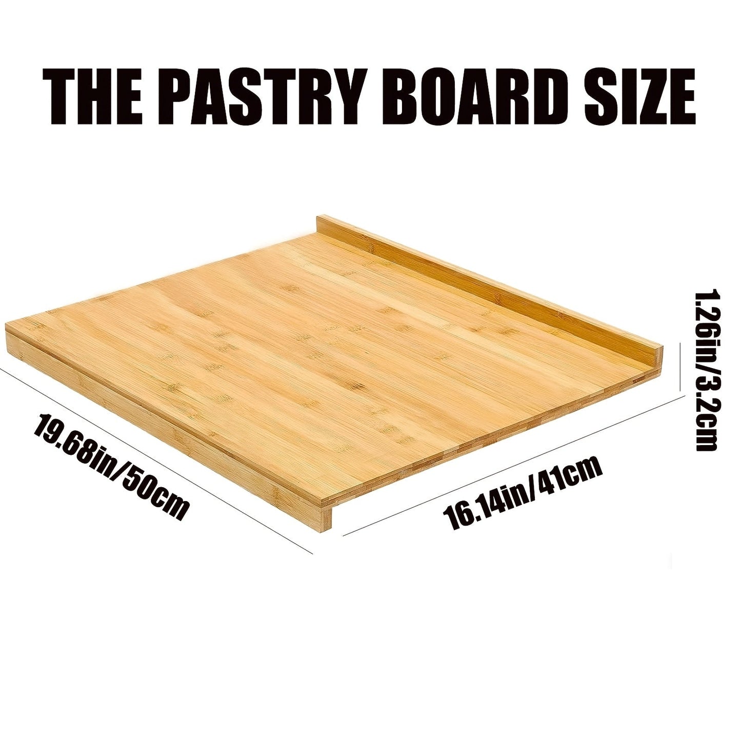 Large double-sided kitchen board made from eco-friendly bamboo with a reversible pastry mat and edge for tabletop stability. Features a lip design and is food-safe for use as a dough rolling board.