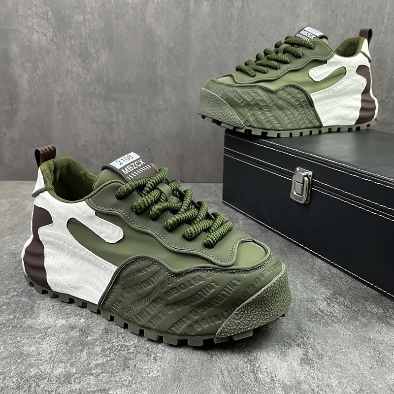 Vintage style men's chunky sneakers with lace-up closure, comfortable lightweight design, faux and fabric upper, PVC sole, breathable fabric lining and insole.