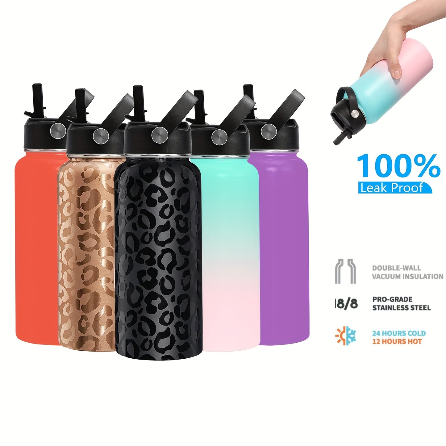 32oz stainless steel thermal water bottle with straw lid, perfect for outdoor activities and school.