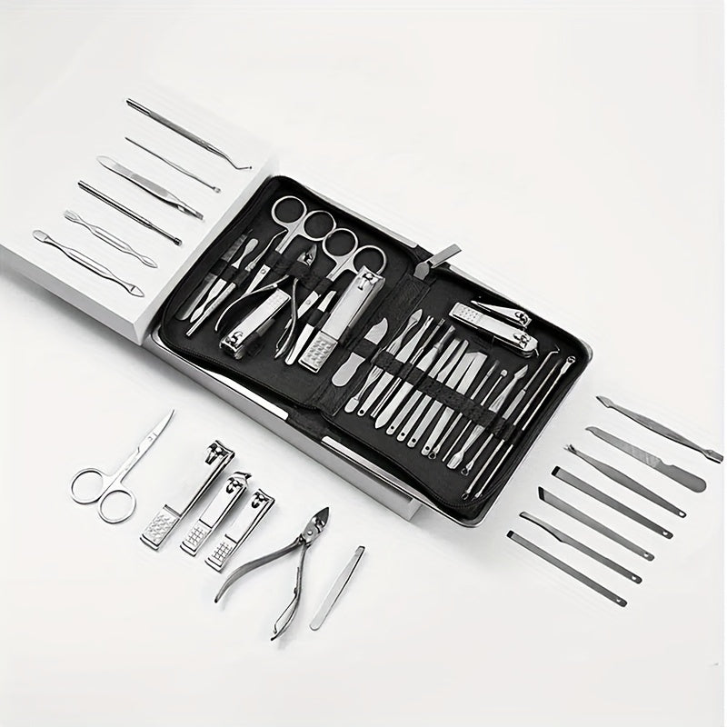 Nail clipper kit with 26 pieces for men and women, includes ear spoon and nail files.