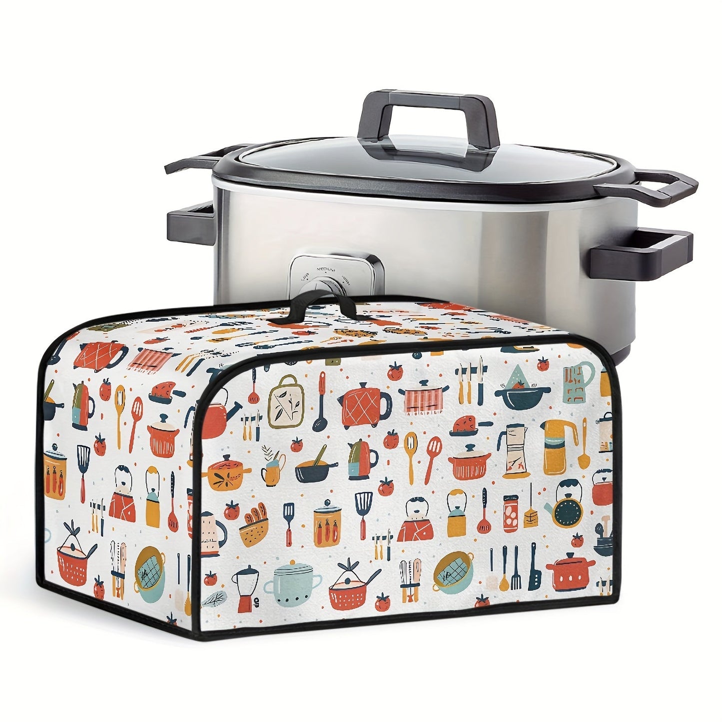 Protect your 6-8 Quart Crockpot with a Cartoon Kitchen Utensil Dust Cover. This lightweight cover is stain-resistant and features a convenient top handle and storage pockets to keep your kitchen tidy. Keep your slow cooker clean and protected with this