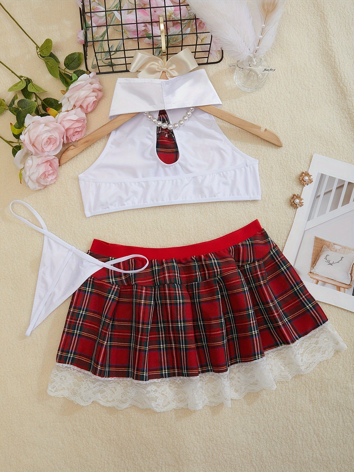 3-piece women's preppy cosplay uniform set features plaid pattern, backless design, and woven lash outfit for roleplay, made of polyester and acrylic.