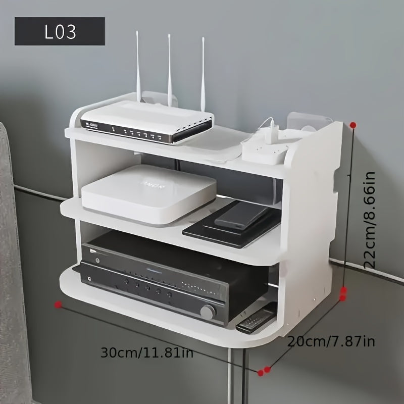 Space-saving wall-mounted storage rack for WiFi routers, TV boxes, and more. Easy no-drill installation with sleek white design and 3 compartments.