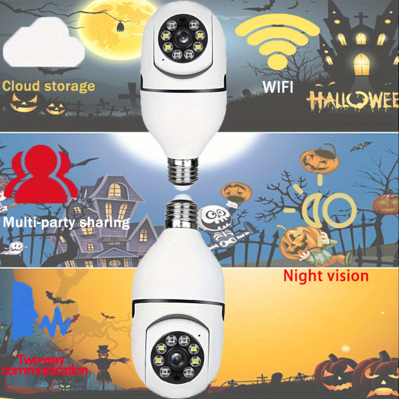 WiFi-enabled smart bulb camera with night vision capabilities, two-way audio, and a wide angle lens. Allows for real-time video streaming, remote monitoring, and compatibility with voice assistants. Ideal for ensuring the safety of youngsters and makes