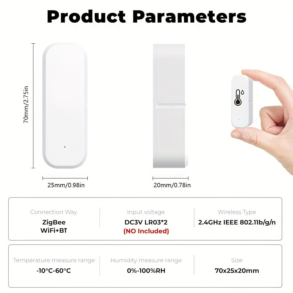 Smart sensor for detecting temperature and humidity changes, connects to WiFi/ZigBee protocol for app control of air conditioner and humidifier. Can be operated remotely via mobile phone