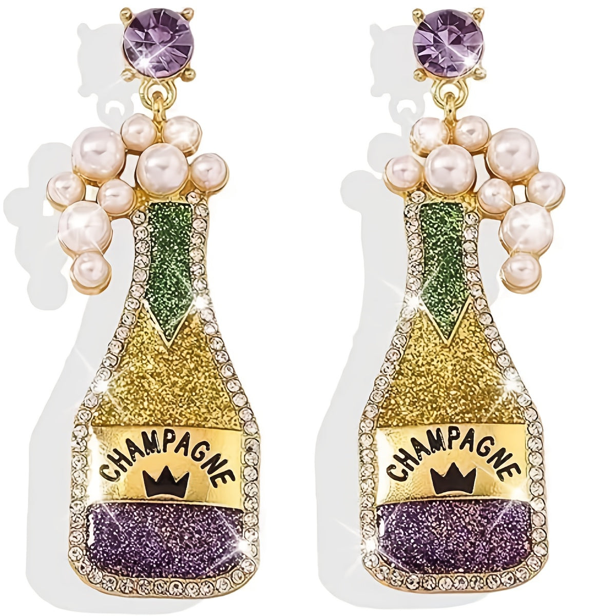 Stylish Carnival Champagne Bottle Pendant Earrings adorned with Glittering Rhinestones - Charming Alloy and Stainless Steel, Ideal for Festive Occasions and Everyday Wear, Earrings